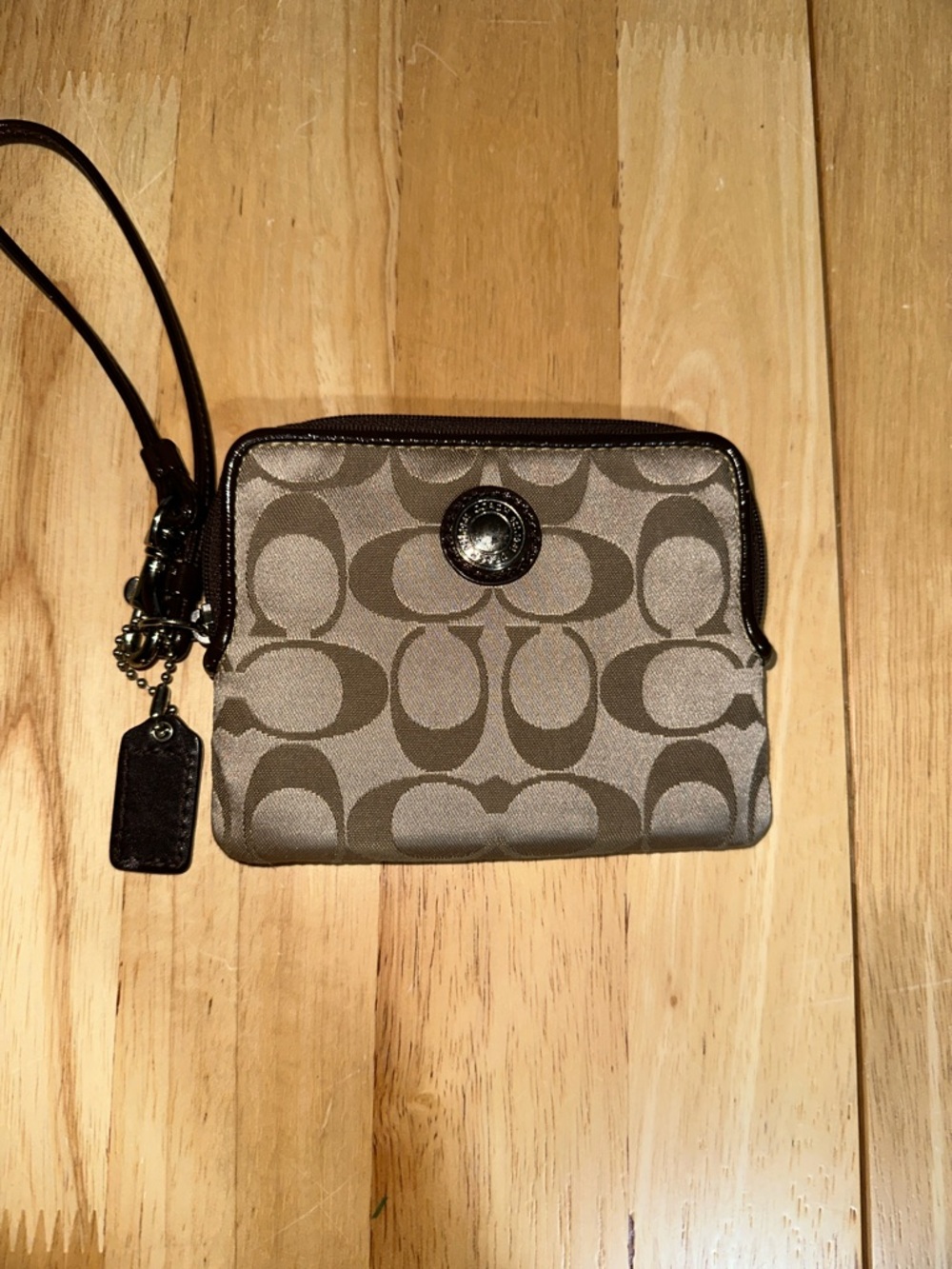 Coach Legacy Khaki and Chalk Signature Wristlet with Dark Trim
